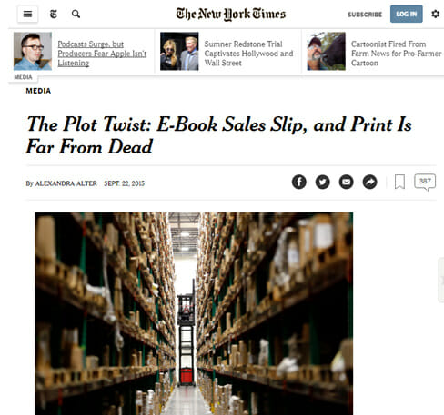 Figura 1 - Il discusso articolo del 22 settembre 2015 del New York Times, che suggerisce un'inversione di tendenza nella crescita degli e-book.