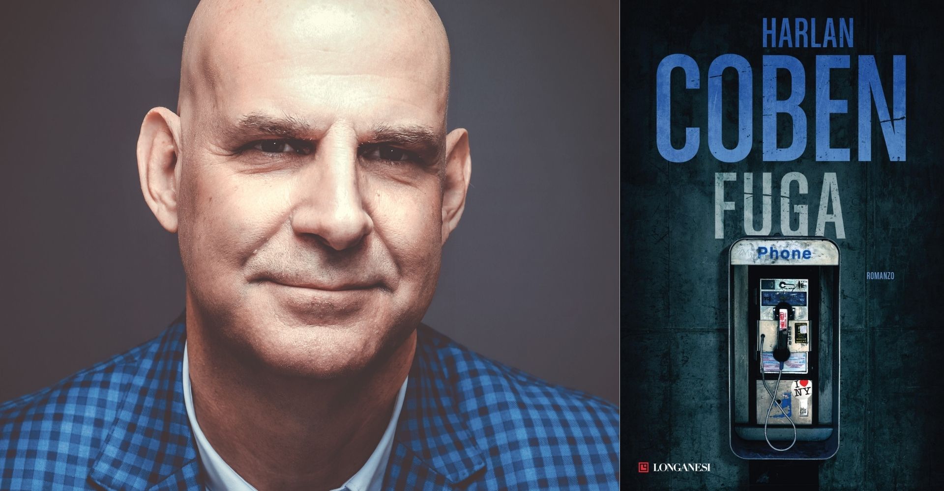 Primo piano dell'autore Harlan Coben e copertina del suo libro Fuga