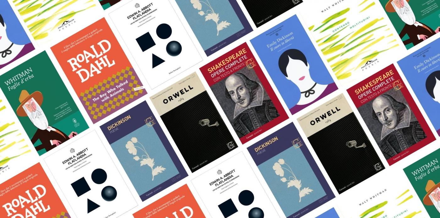 raccolta di copertine di libri con testo a fronte in inglese