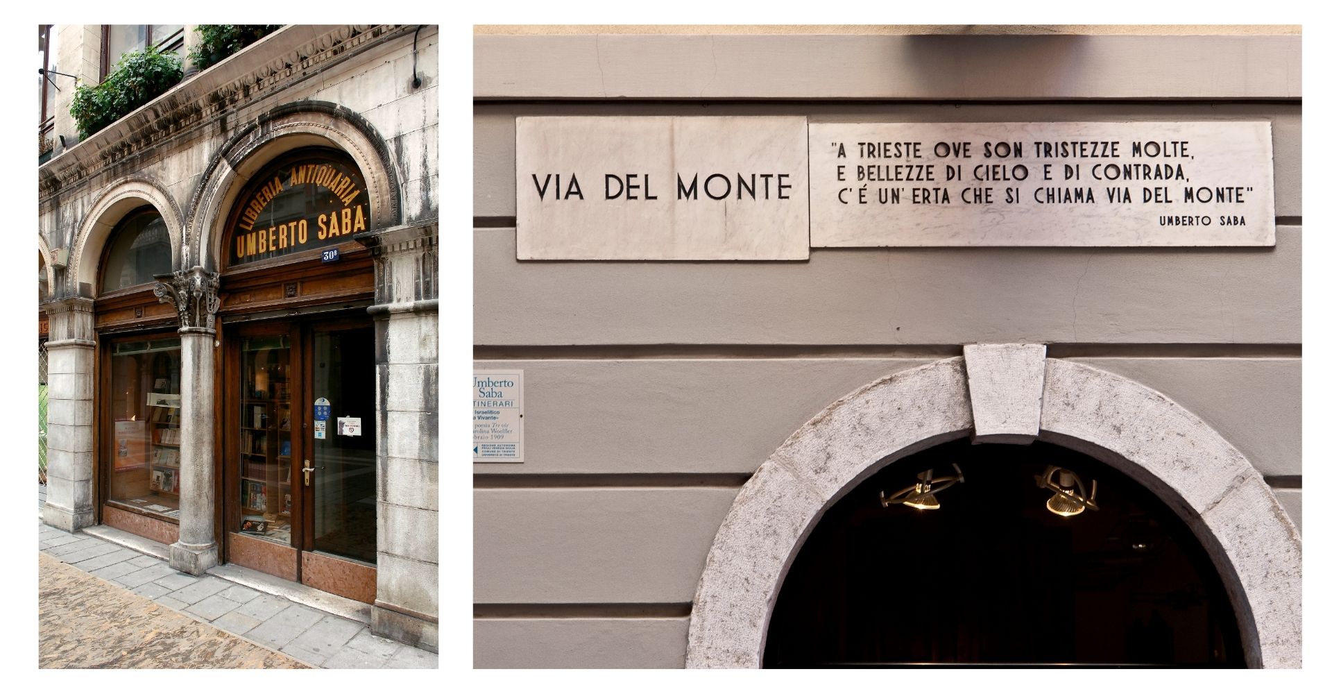 Collage di foto raffigurante l'ingresso della Libreria Antiquaria Umberto Saba di Trieste e una targa stradale firmata Umberto Saba