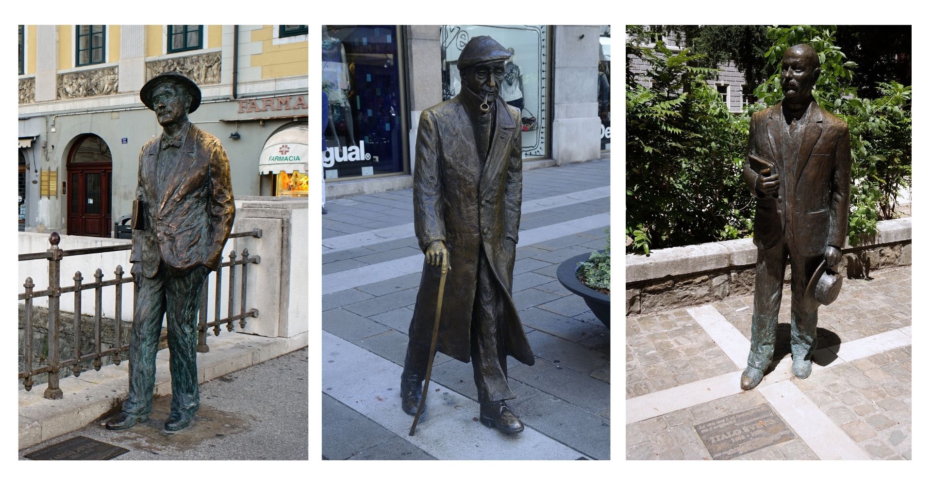 Collage di foto raffiguranti la statua di James Joyce, di Umberto Sava e di Italo Svevo di Triest 