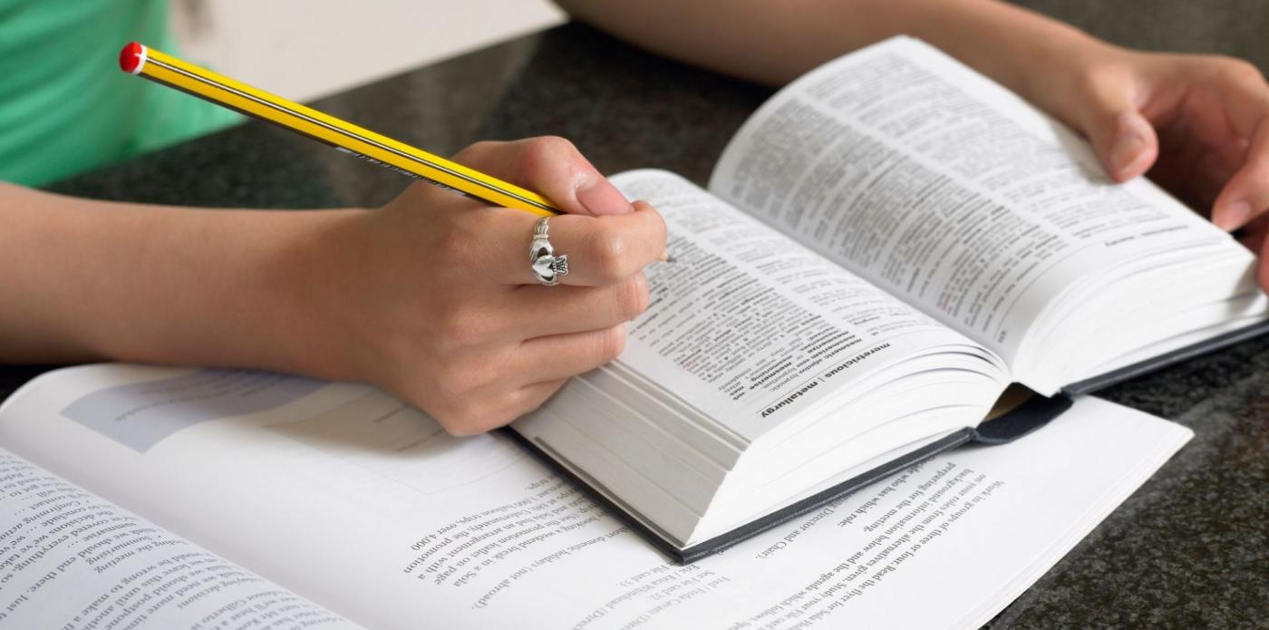donna, ragazza, studentessa, matita, scrivere, scrittura, lettura, dizionario, cartaceo, vocabolario, grammatca, italiano, lingua italiana, parole, fogli, tavolo, scrivere