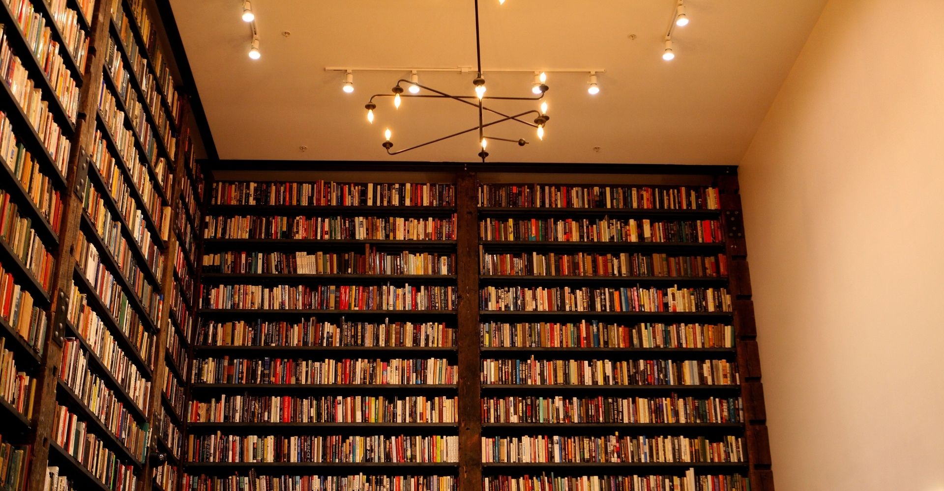 Vista di una libreria a muro con gli scaffali pieni di libri
