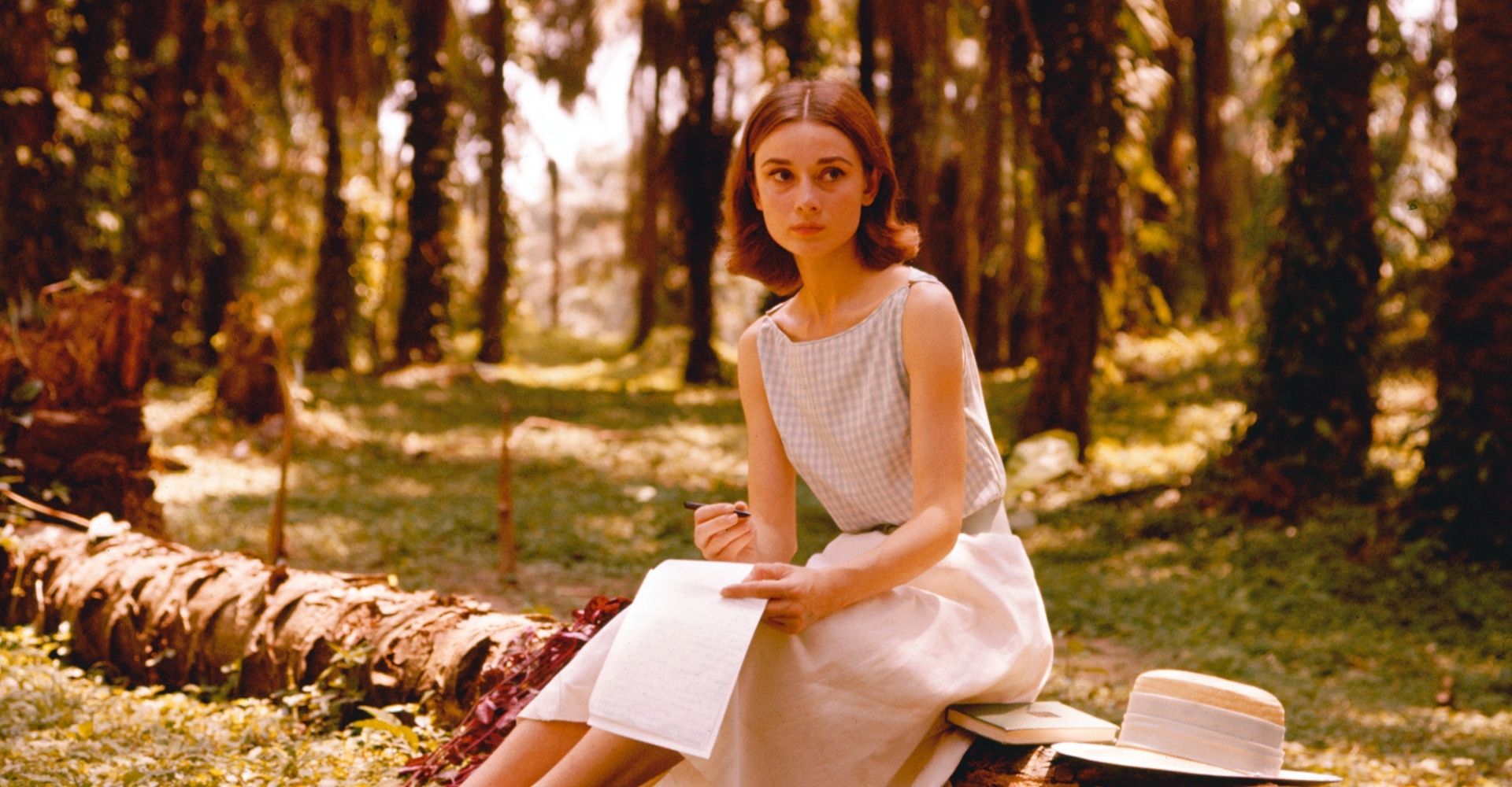 L'attrice Audrey Hepburn scrive una lettera seduto sul tronco di un albero in un bosco