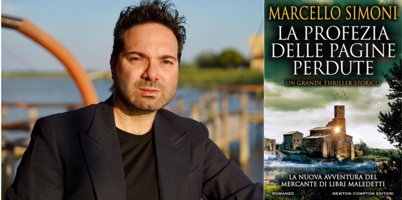 Primo piano dello scrittore Marcello Simoni e copertina del suo ultimo libro, La profezia delle pagine perdute