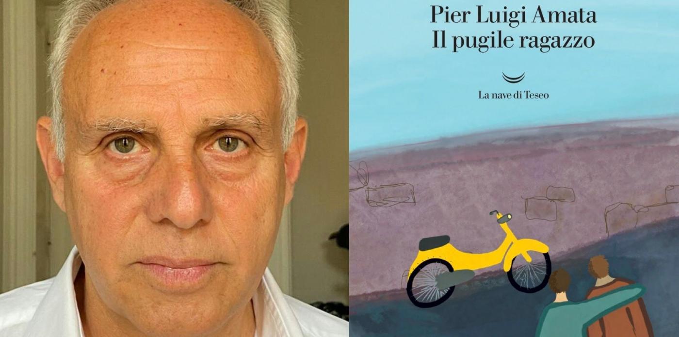 Primo piano dello scrittore Pier Luigi Amata e copertina del suo ultimo libro, Il pugile ragazzo