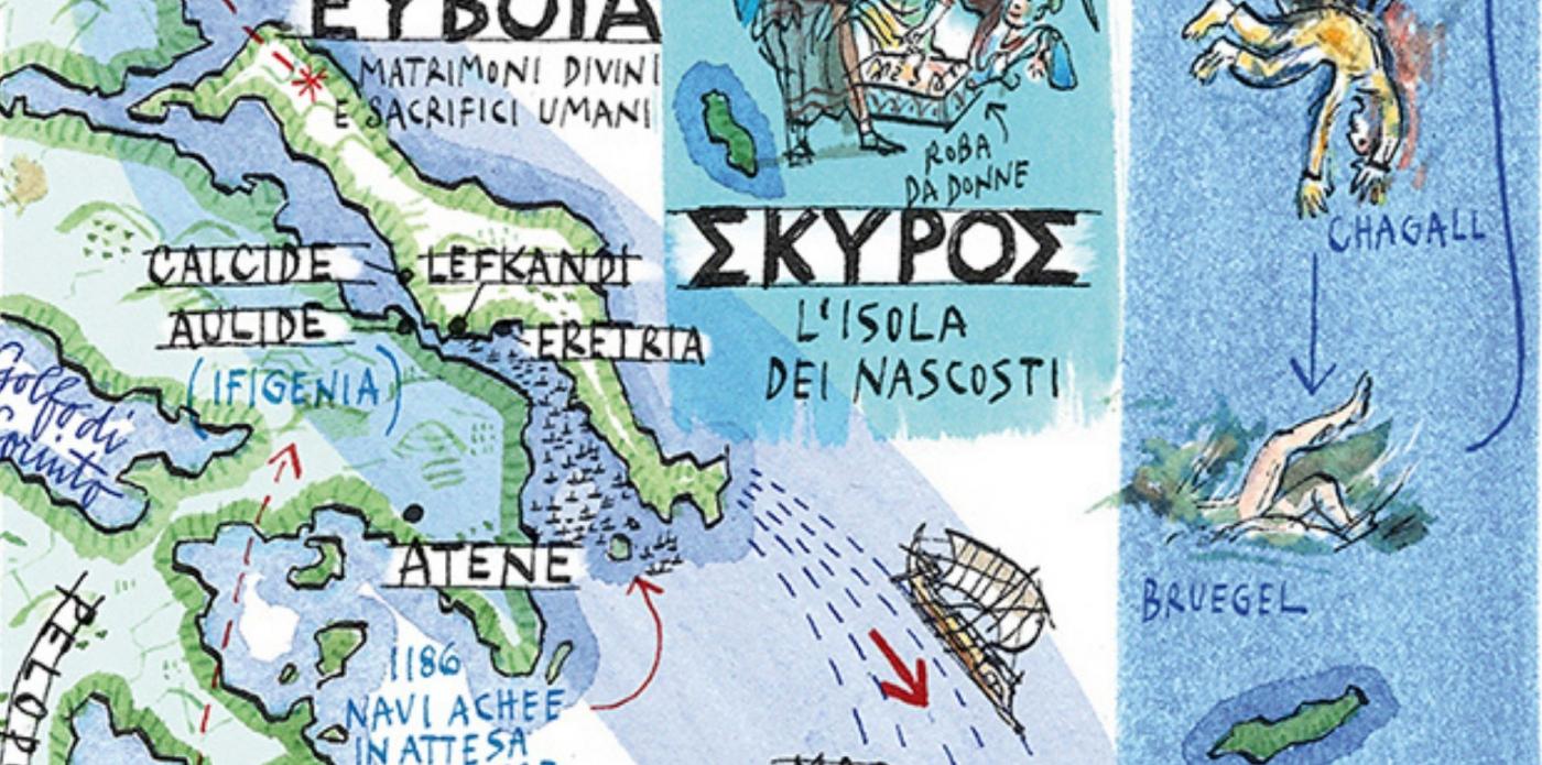 Particolare di un'illustrazione raffigurante Illustrazione raffigurante le isole greche di Eubera, Schiro e Ikaria