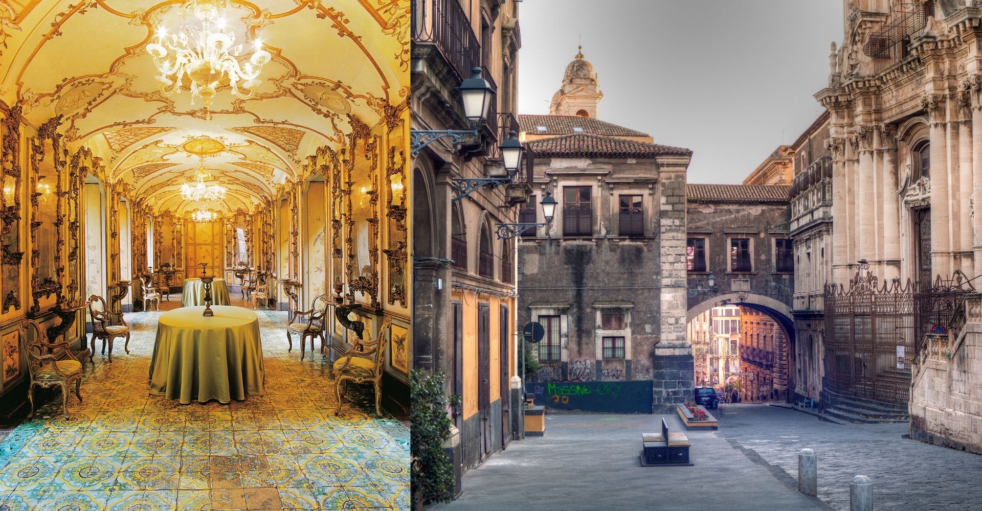 Sala del palazzo Biscari di Catania e vista di via dei Crociferi di Catania