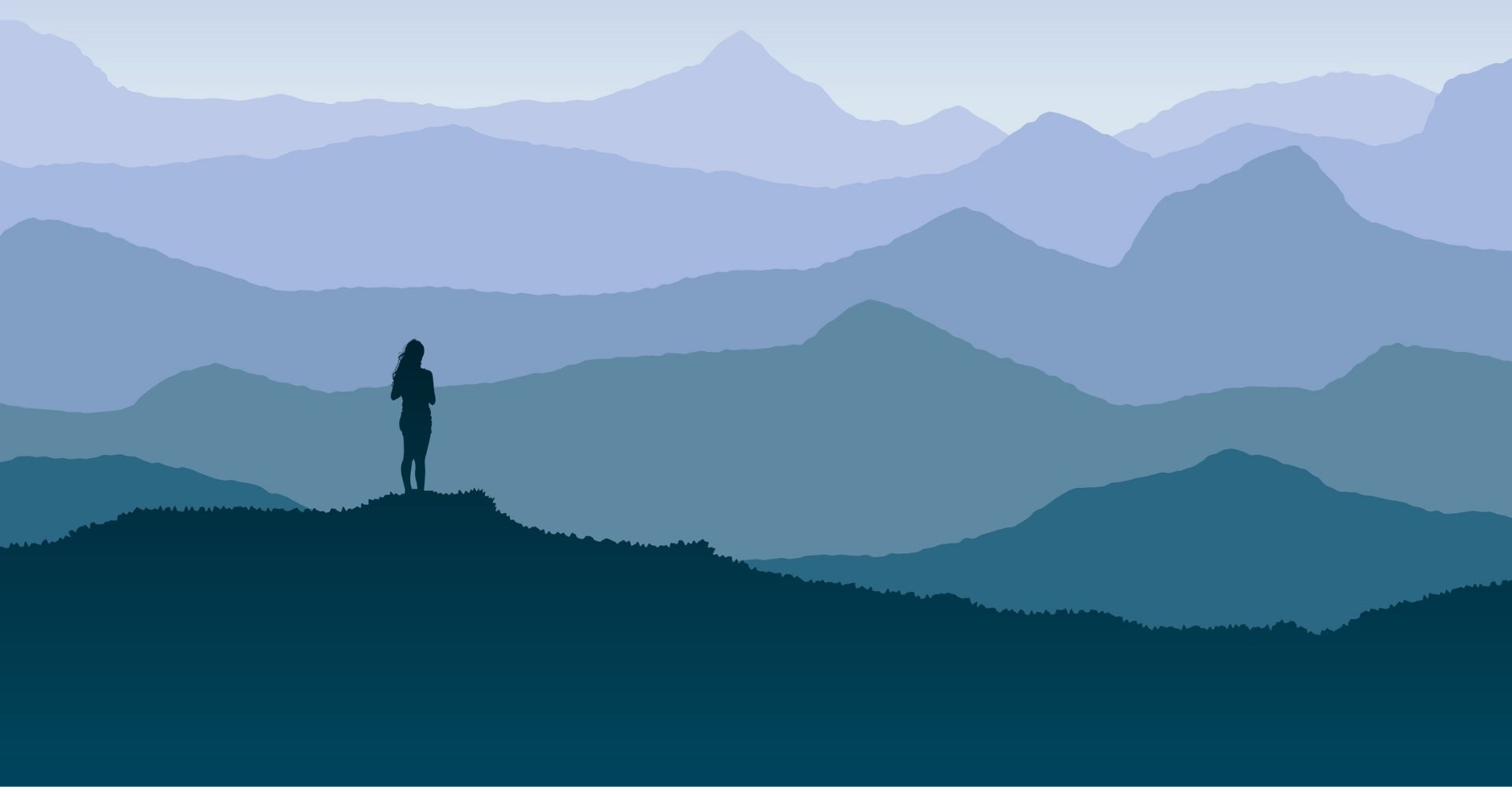 Una ragazza guarda sulla cima di una montagna un orizzonte blu