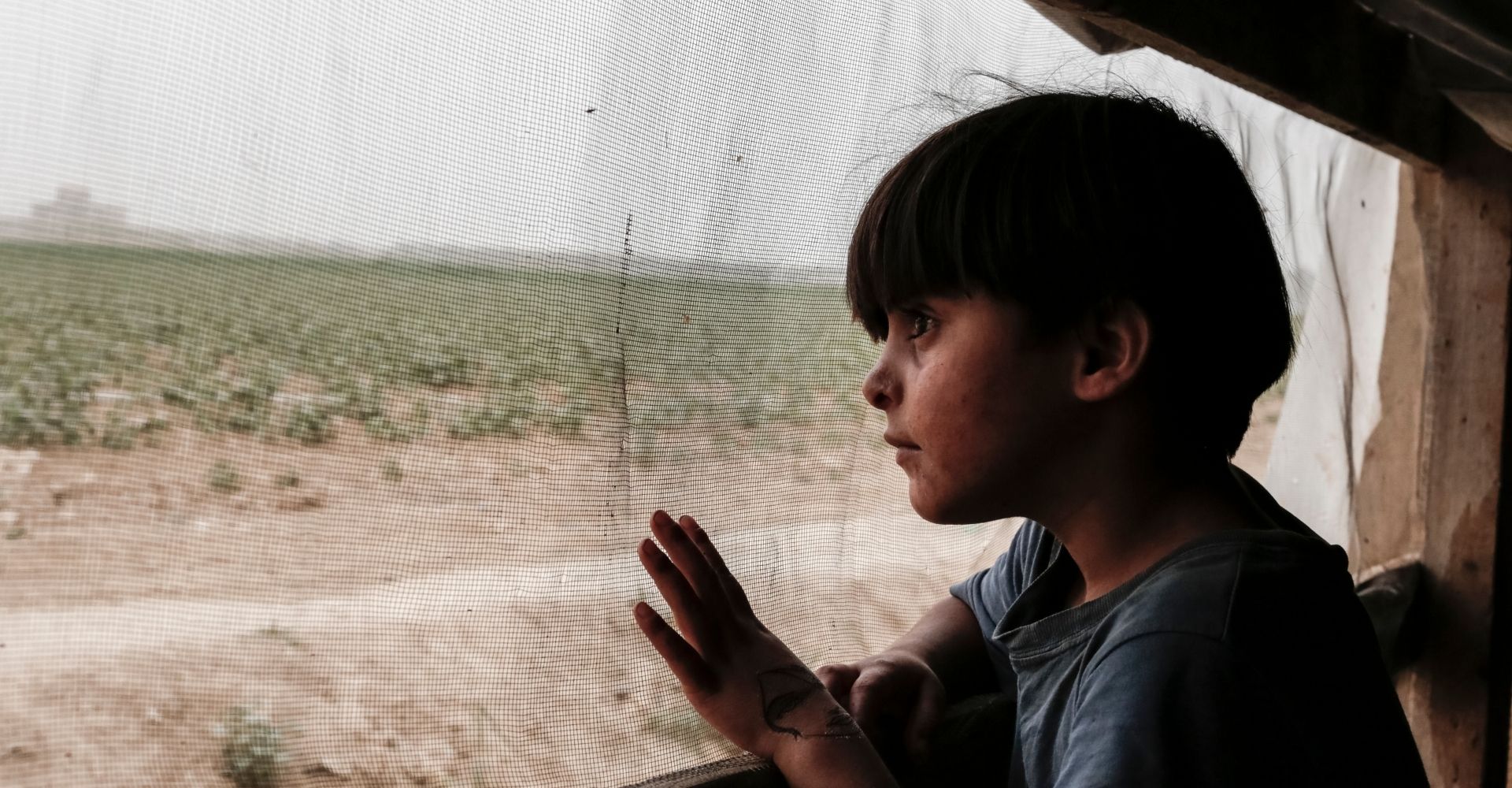 Un bambino in Libano guarda il paesaggio da un finestrino