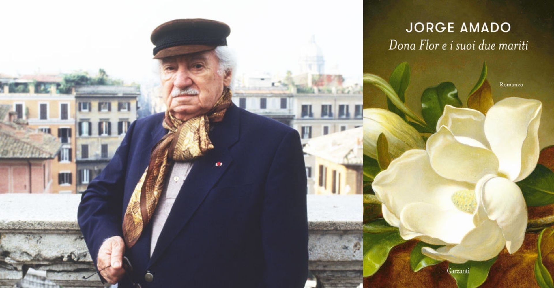 Jorge Amado e la copertina del libro dona flor e i suoi due mariti