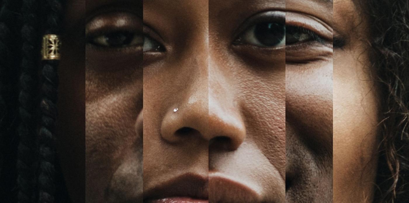Collage di ritratti di volti femminili con diverse tonalità di pelle