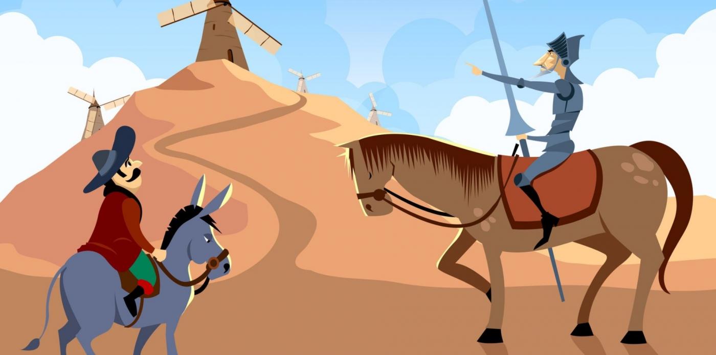 Illustrazione che raffigura Don Chisciotte e Sancho Panza davanti ai mulini a vento