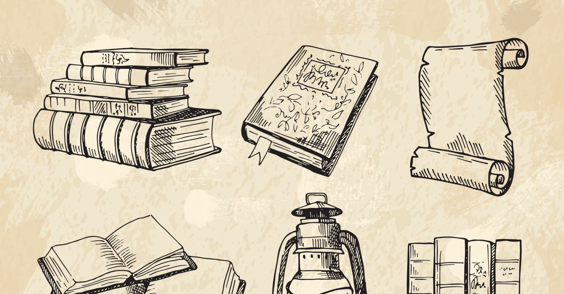 Illustrazione in carta anticata raffigurante dei libri e una lampada