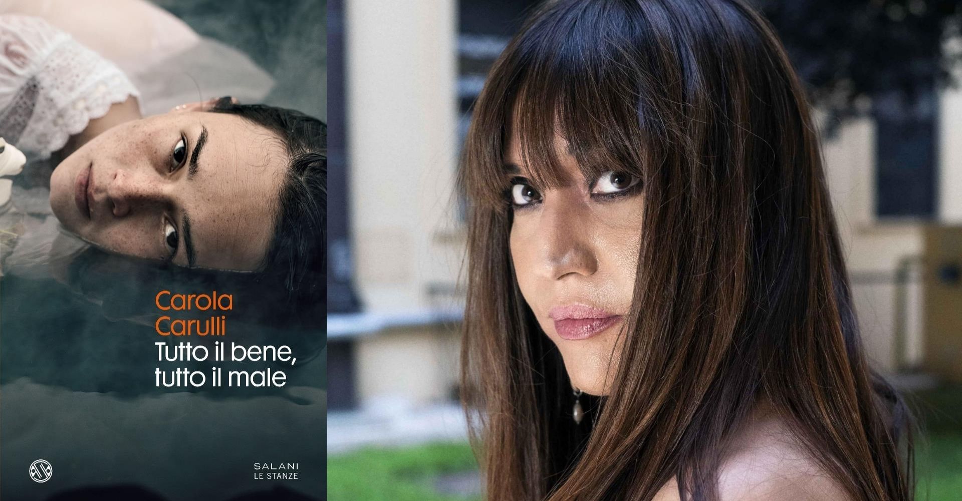 Primo piano di Carola Carulli e copertina del suo romanzo d'esordio