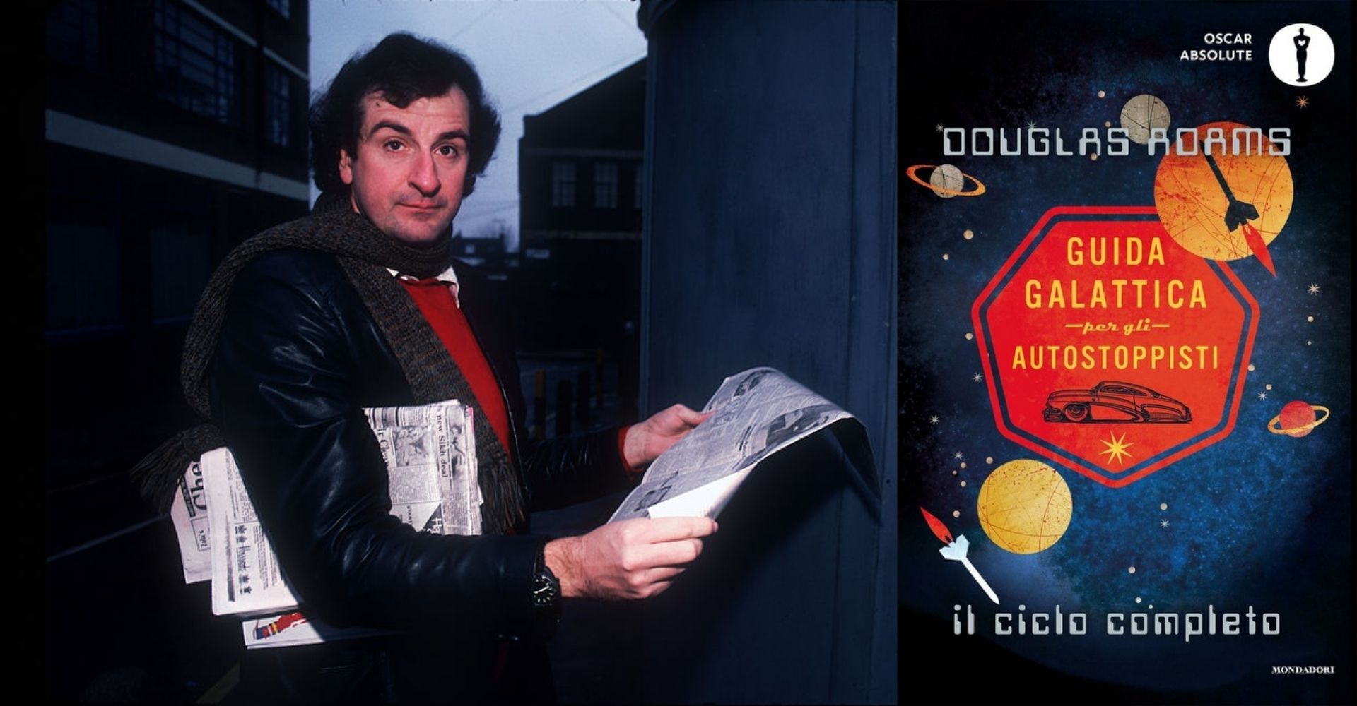 douglas adams e la copertina di guida galattica per gli autostoppisti