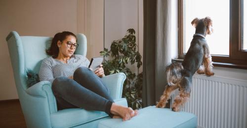 Donna ragazza lettrice adolescente leggere lettura interno casa inverno ebook ereader digitale cani animali