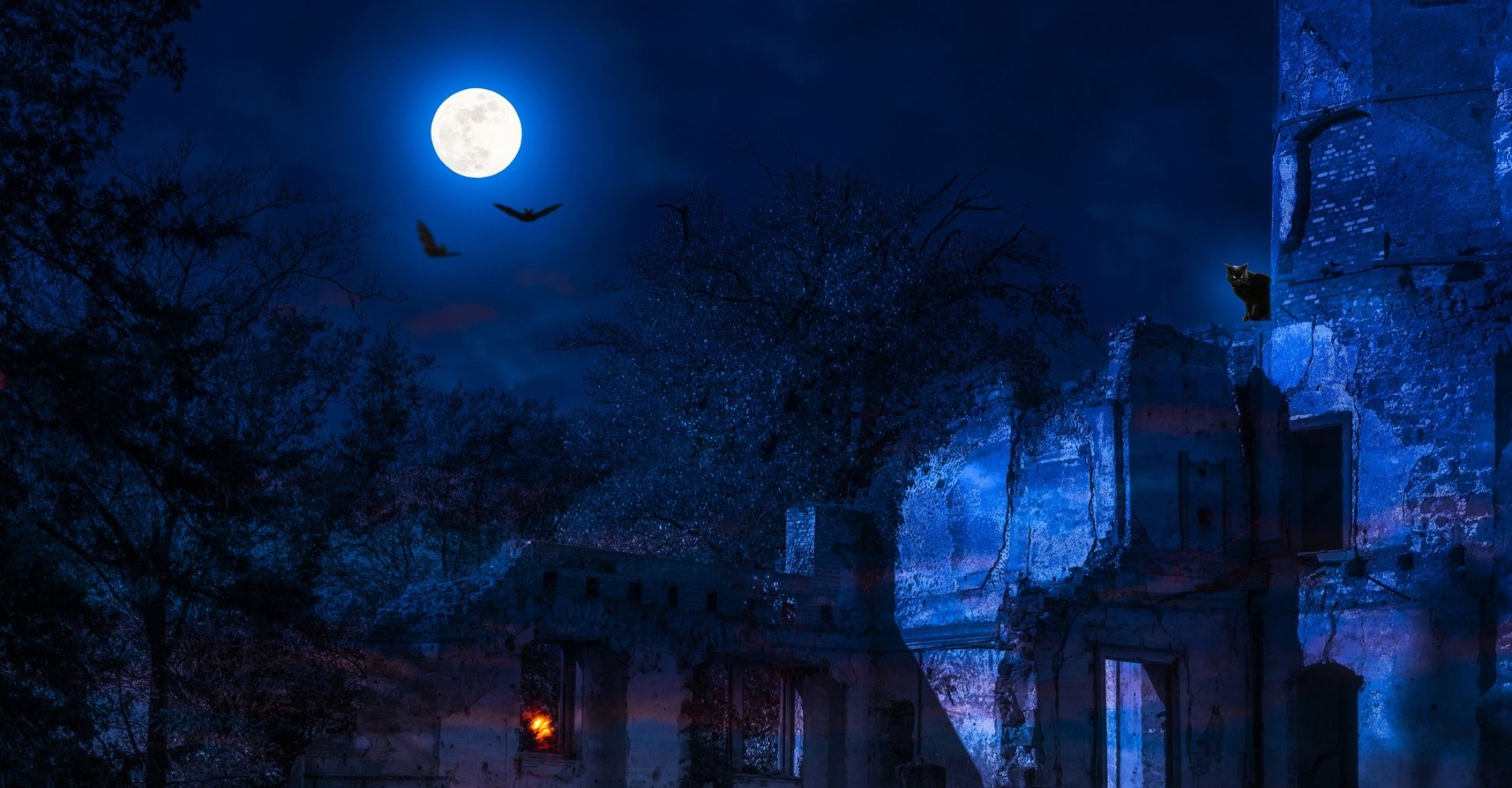 Vista notturna di una casa diroccata con la luna piena e dei pipistrelli sullo sfondo, tipica ambientazione da romanzo gotico