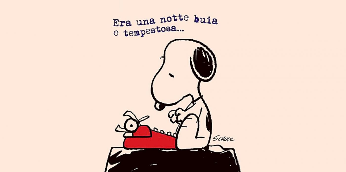 Vignetta di Snoopy con la frase Era una notte buia e tempestosa