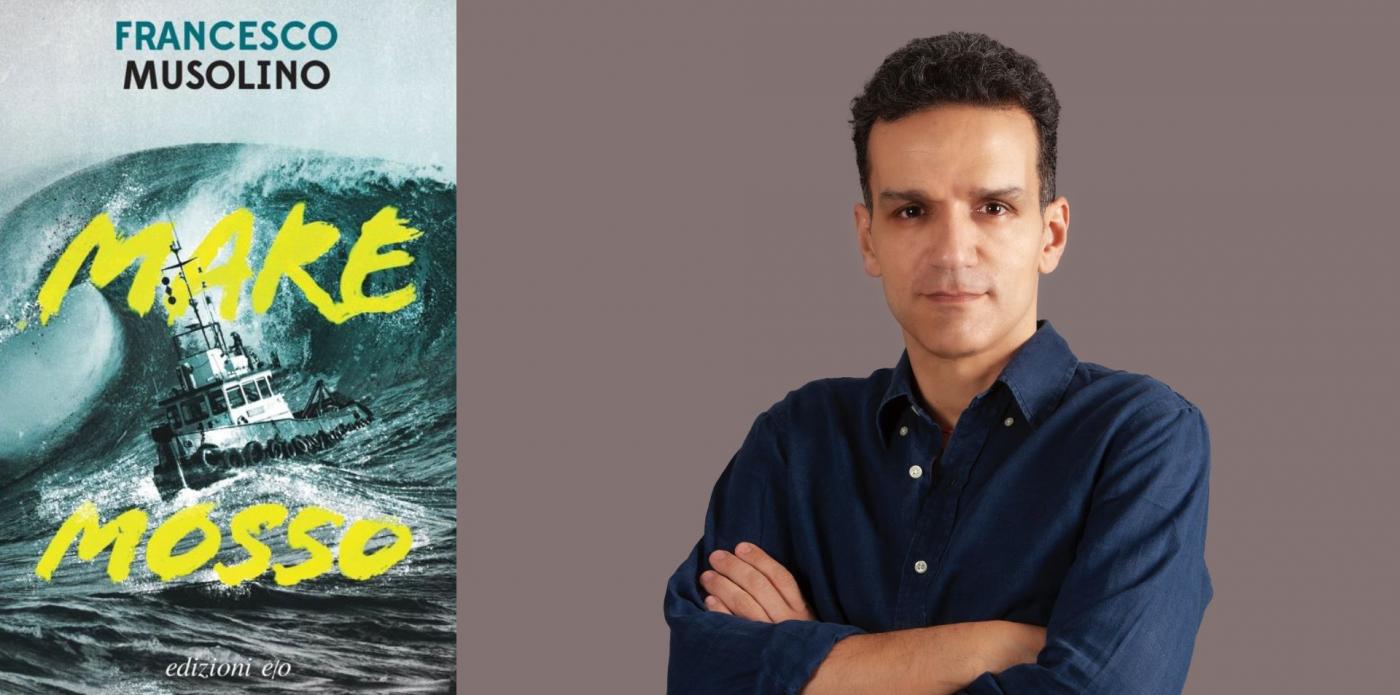 Copertina del libro Mare mosso e mezzo busto del suo autore, Francesco Musolino