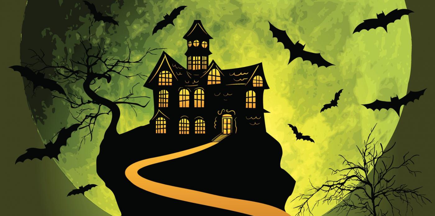 Un'illustrazione dedicata a una delle tipiche case stregate che sono circondate dal buio e dai pipistrelli