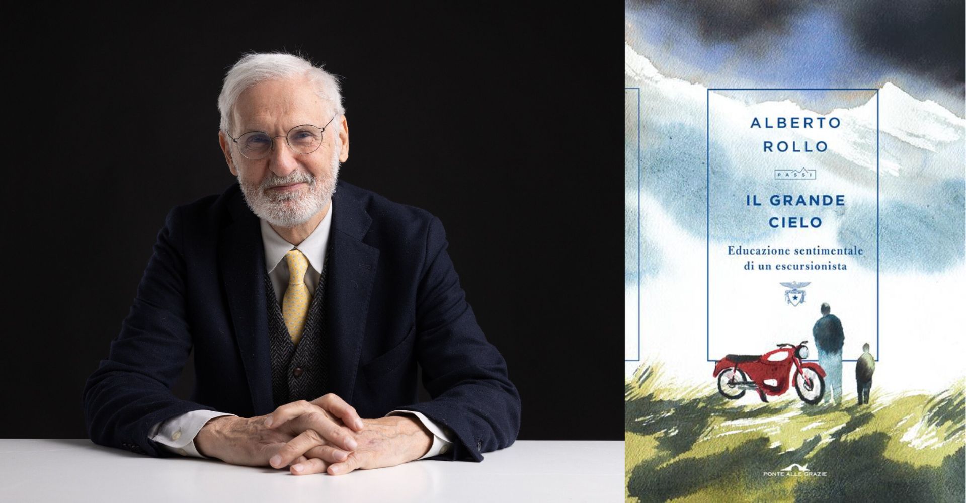 Copertina del libro Il grande cielo e foto del suo autore, Alberto Rollo