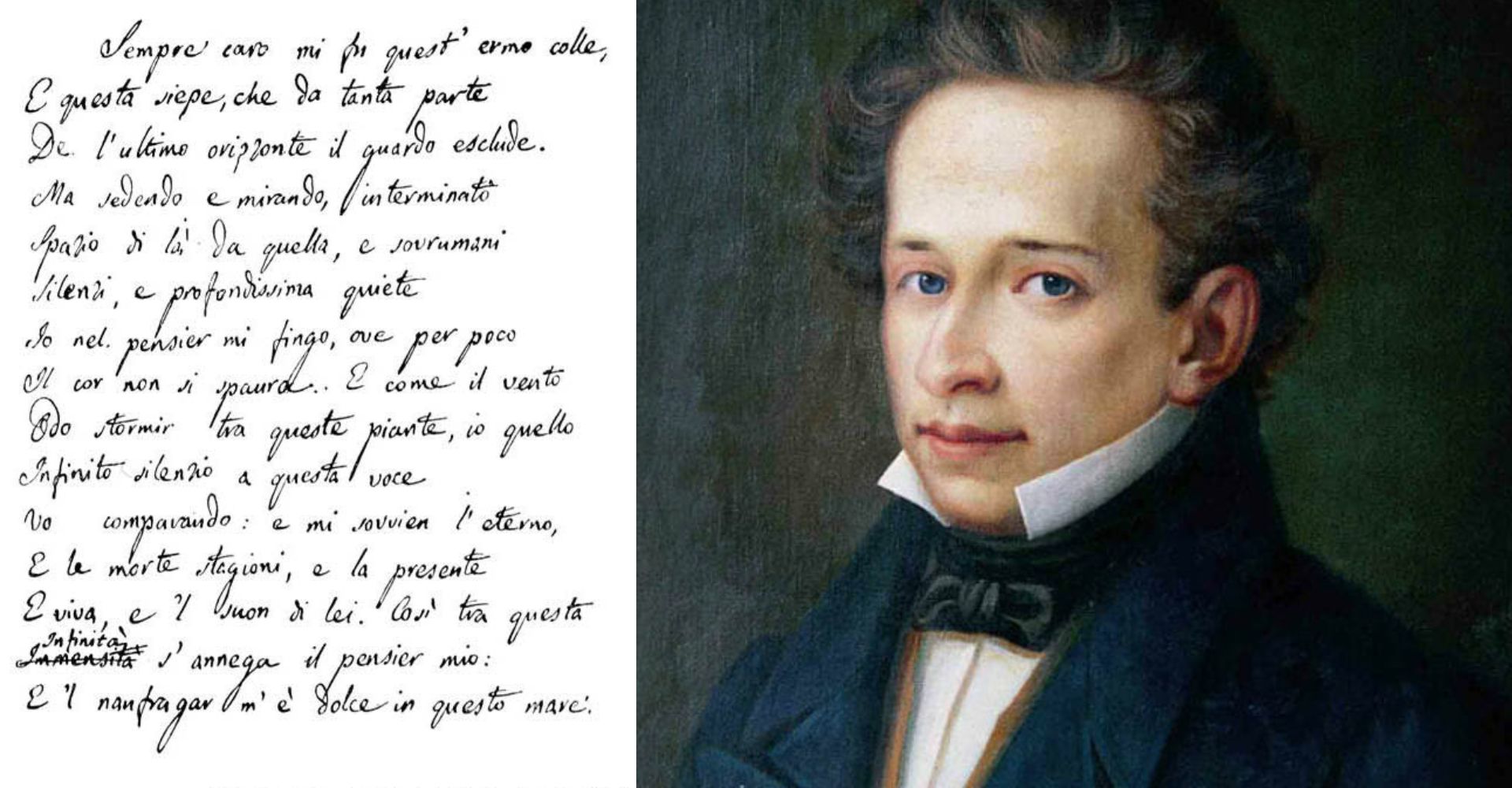 Secondo manoscritto autografo de "L'infinito"di Leopardi, Giacomo Leopardi nel celebre ritratto di Stanislao Ferrazzi