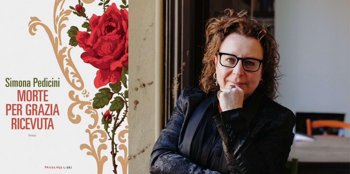 Simona Pedicini e la copertina del suo libro Morte per grazia ricevuta