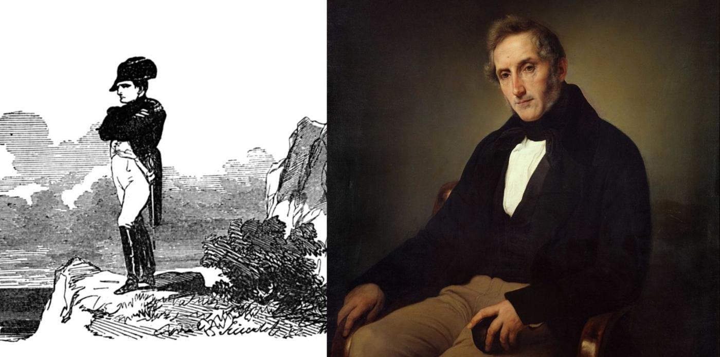 Ritratto di Alessandro Manzoni e incisione che illustra una riedizione dell'ode Il cinque maggio nel 1881