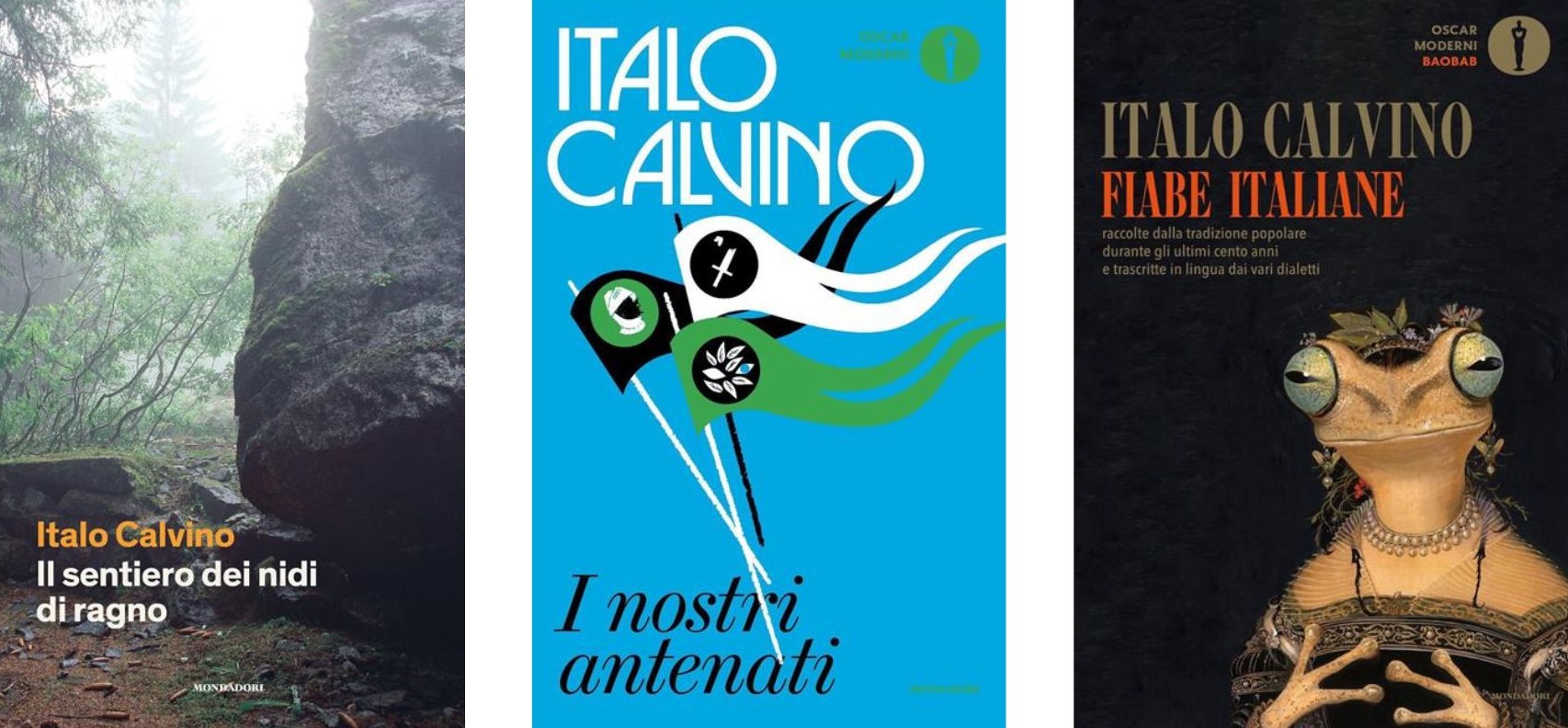 La copertina di tre libri di Italo Calvino ripubblicati da Mondadori nel 2023
