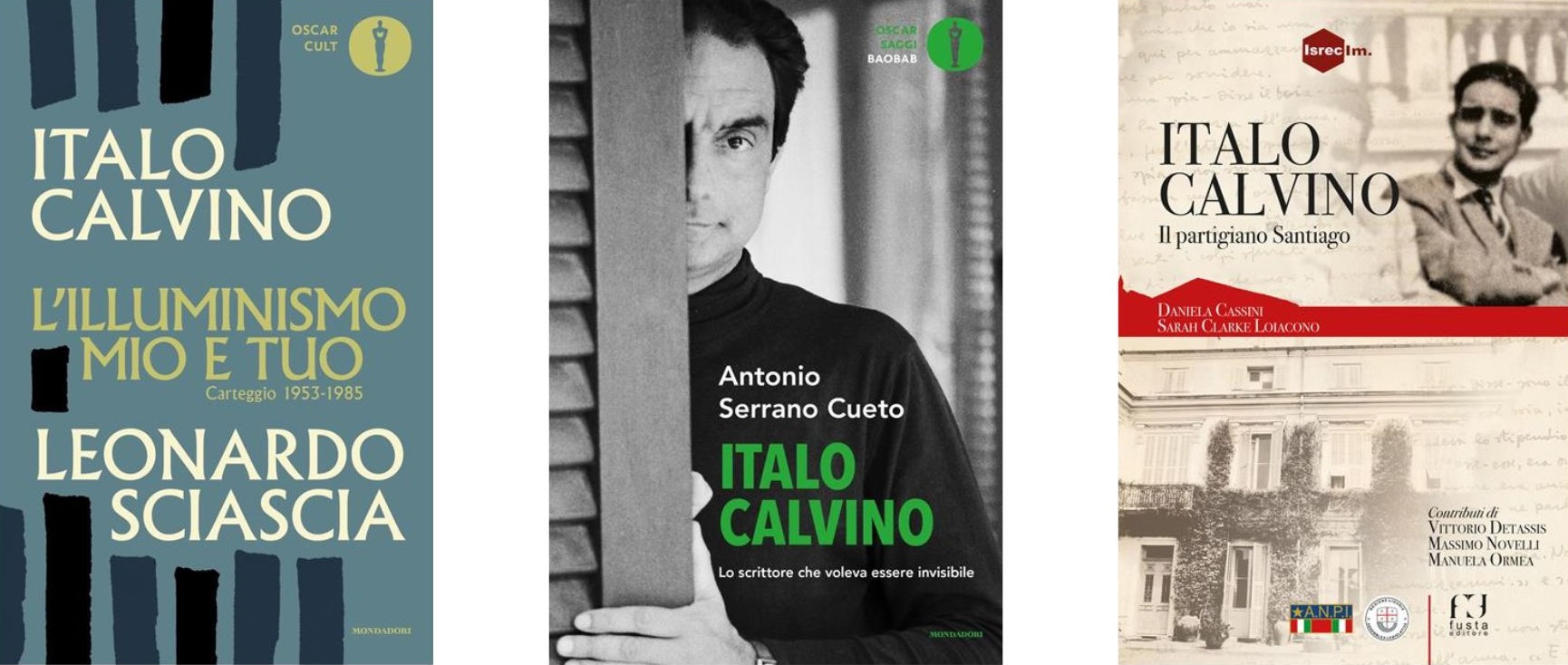 La copertina di tre libri su Italo Calvino pubblicati nel centenario dalla sua nascita