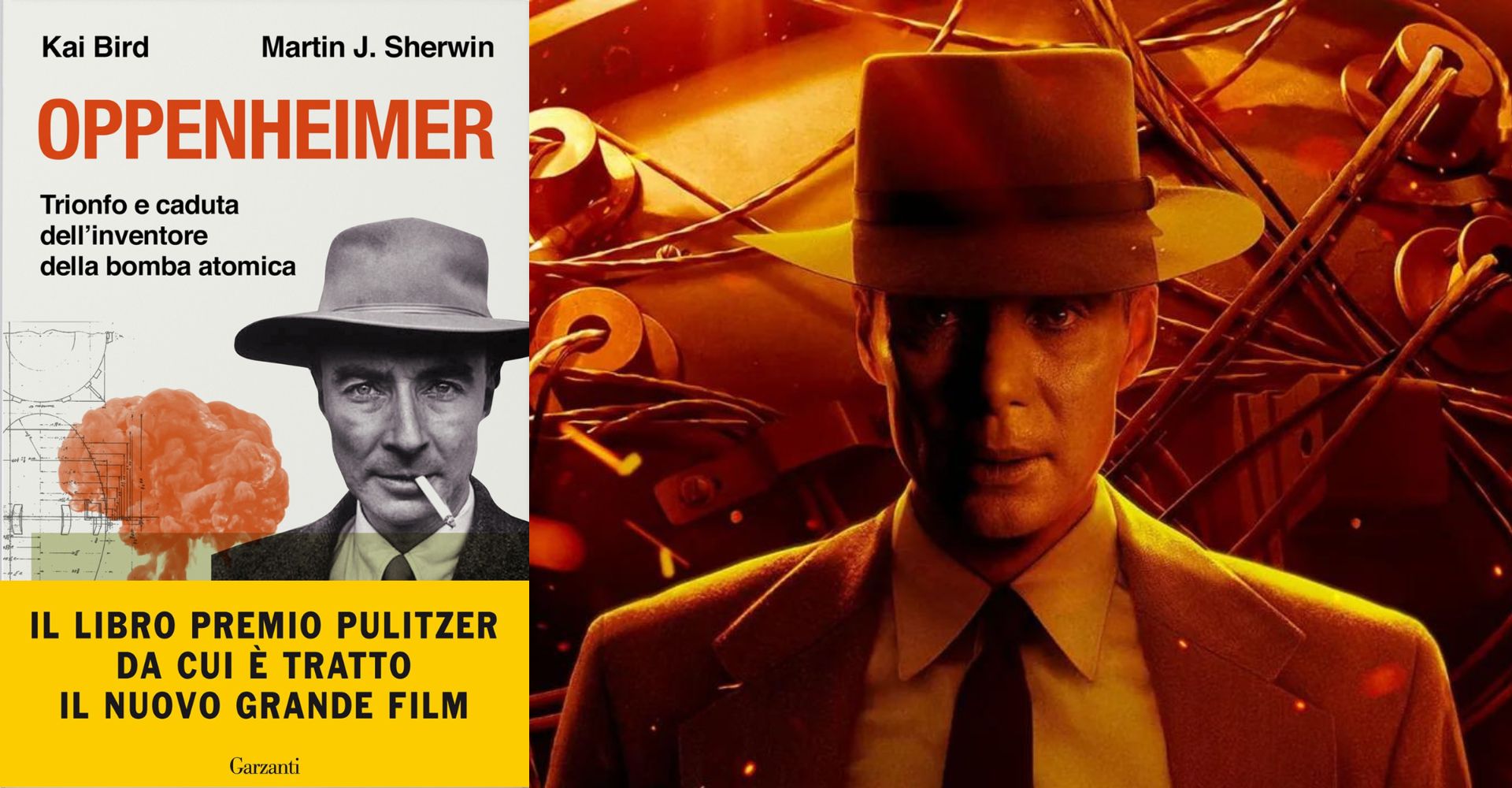 Copertina del libro Oppenheimer di Kai Bird e Martin J. Sherwin e un fotogramma del film Oppenheimer, che il regista Christopher Nolan ha tratto dal libro