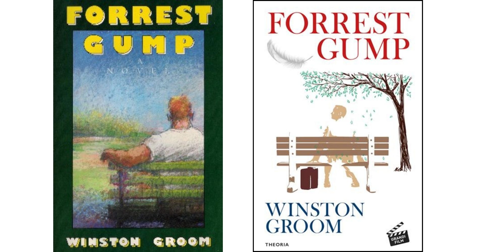 La copertina della prima edizione americana di Forrest Gump e la copertina dell'attuale edizione italiana del romanzo