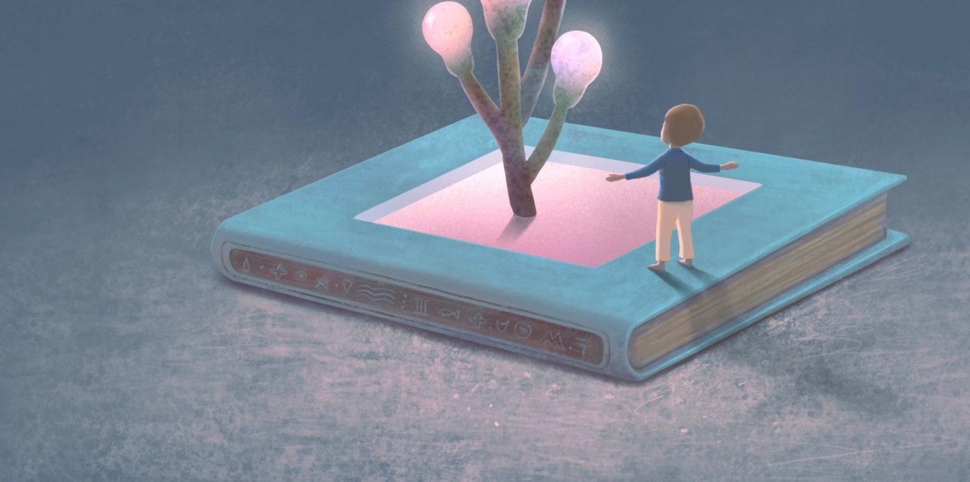 L'illustrazione di un bambino che osserva un albero fuoriuscire da un libro di fiabe o di favole