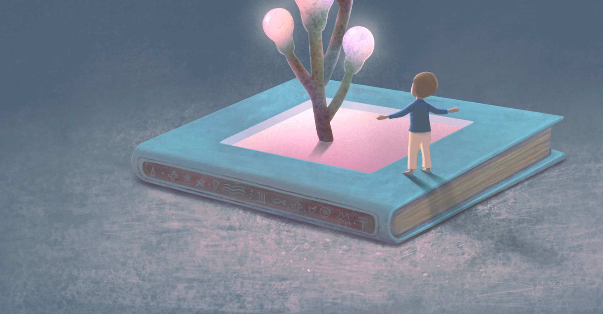 L'illustrazione di un bambino che osserva un albero fuoriuscire da un libro di fiabe o di favole