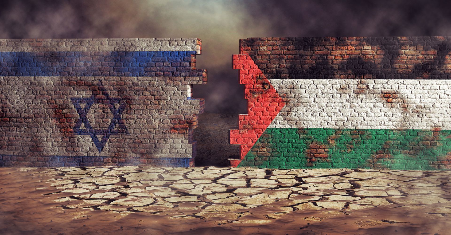 Bandiere di Palestina e Israele dipinte su un muro incrinato