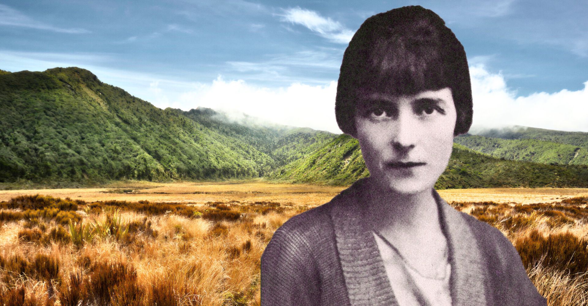 Collage Katherine Mansfield su paesaggio neozelandese, via GettyEditorial, progetto grafico di Silvia Cannarsa