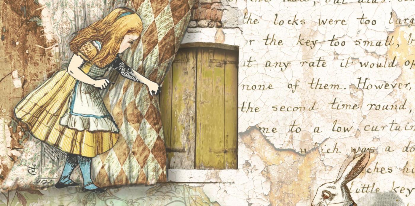 Un'illustrazione che raffigura a sinistra Alice nel paese delle meraviglie e, a destra, un foglio su cui sono scritte alcune frasi