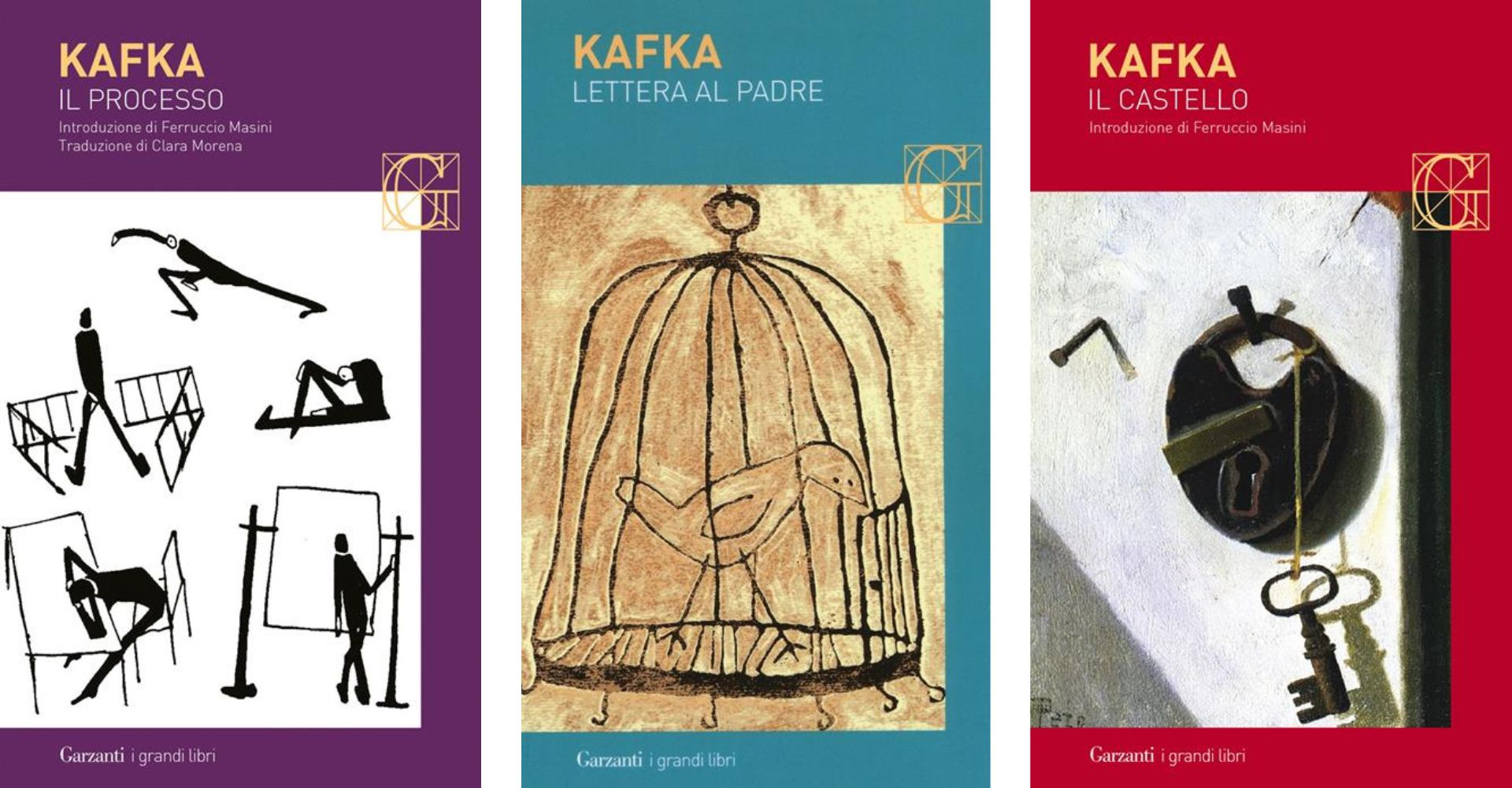 Un collage delle copertine di tre libri di Kafka intitolati Il processo, Lettera al padre e Il castello