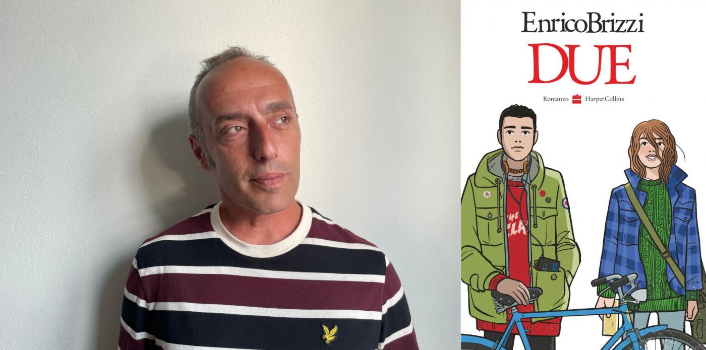 Mezzobusto dello scrittore Enrico Brizzi e copertina del suo nuovo romanzo, Due, che è il sequel di Jack Frusciante è uscito dal gruppo
