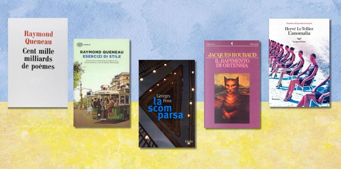 Un collage di copertine di libri scritti dai membri del gruppo letterario dell'OuLiPo