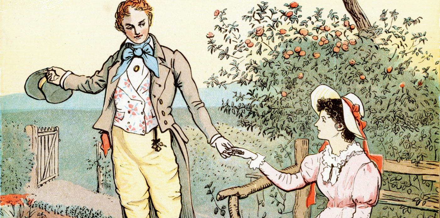 Un'illustrazione a colori ispirata a una scena di Orgoglio e pregiudizio di Jane Austen, con un giovane uomo in piedi che tiene la mano a una giovane donna seduta su una panchina in un parco