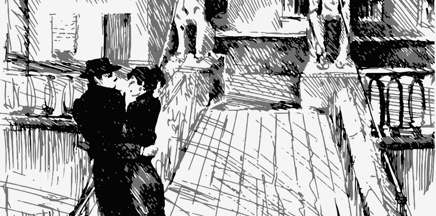 Un'illustrazione ispirata a Le notti bianche di Fedor Dostoevskij, con un uomo e una donna che si abbracciano in primo piano sopra un ponte cittadino