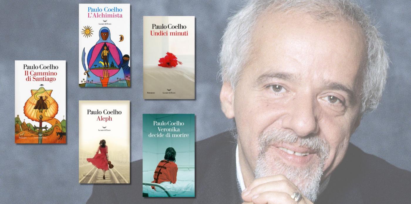 Primo piano dello scrittore brasiliano Paulo Coelho e 5 copertine dei suoi libri più famosi