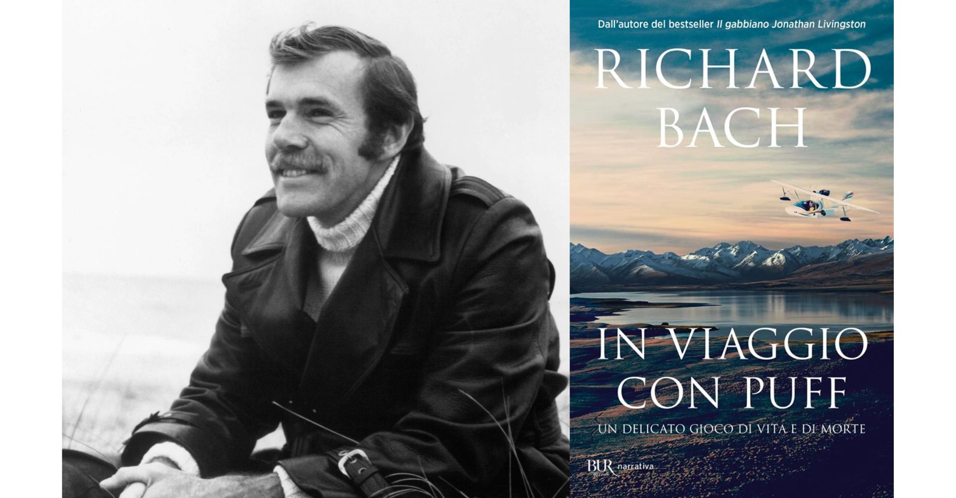 Foto di Richard Bach (Getty Images) e della copertina di In viaggio con Puff