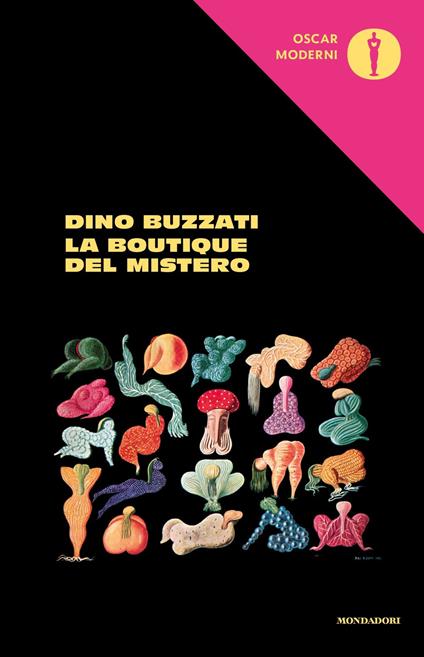La copertina del libro La boutique del mistero di Dino Buzzati, che contiene trentuno racconti da leggere dello scrittore e giornalista italiano