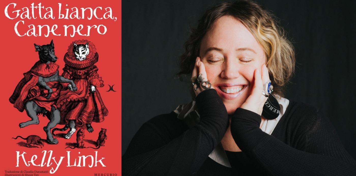 La copertina del libro Gatta bianca cane nero e un primo piano dell'autrice del libro, Kelly Link