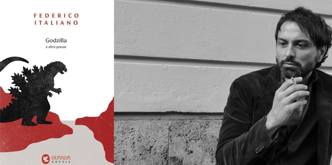La copertina del libro Godzilla e altre poesie e una foto del suo autore, Federico Italiano