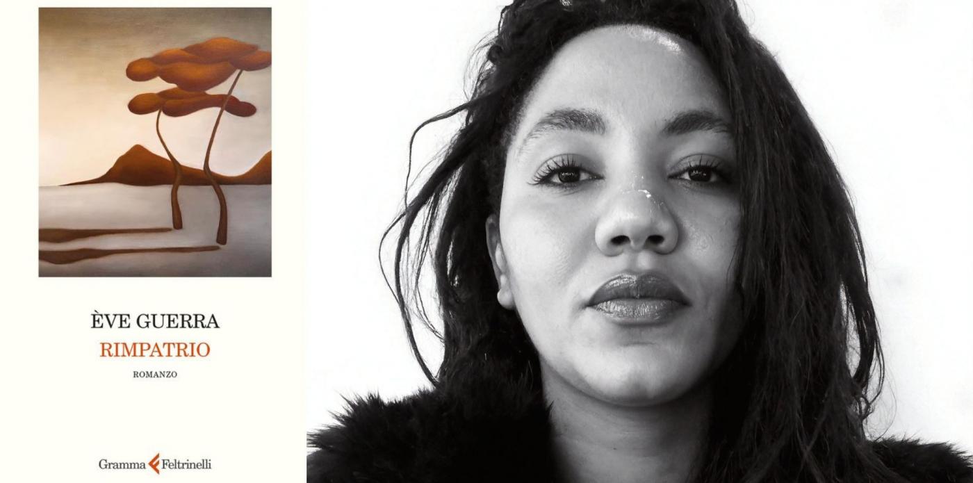 La copertina del libro Rimpatrio e una foto della sua autrice, Ève Guerra, nello scatto di Laure Achour