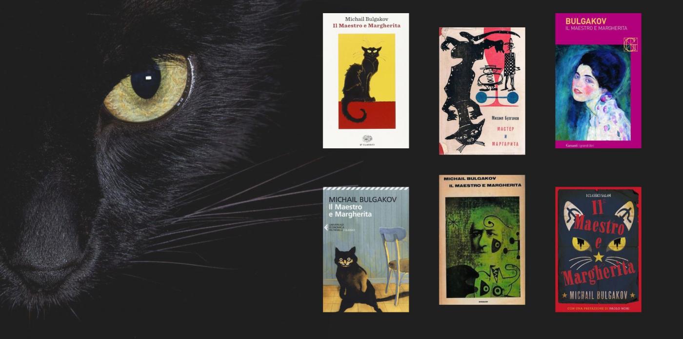 Primissimo piano di un gatto nero, a sinistra di una foto che presenta anche alcune delle copertine più iconiche de Il Maestro e Margherita di Bulgakov